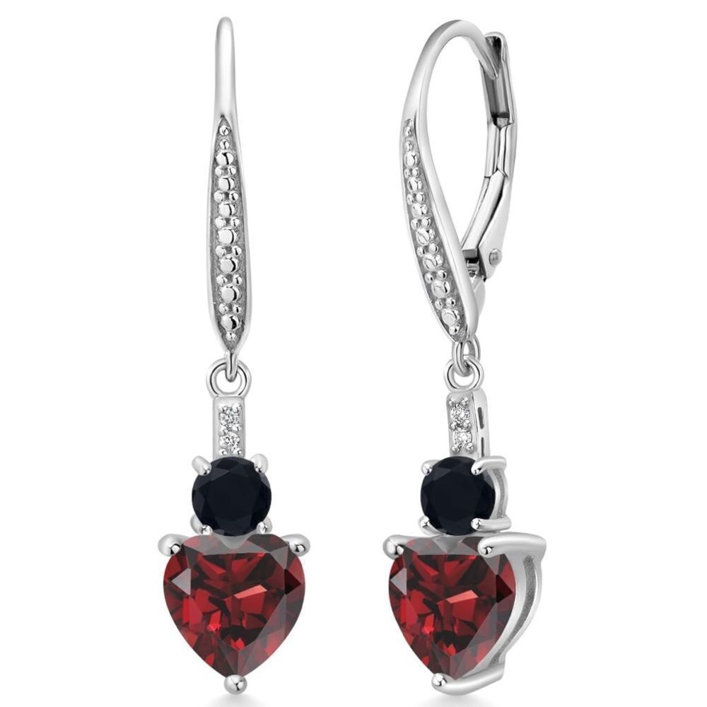 925 Sterling Silver with 3.07 Cttw Red Garnet and Black Onyx Heart Drop Earrings